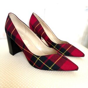 Marc Fisher Red and Black Plaid block heel pumps.